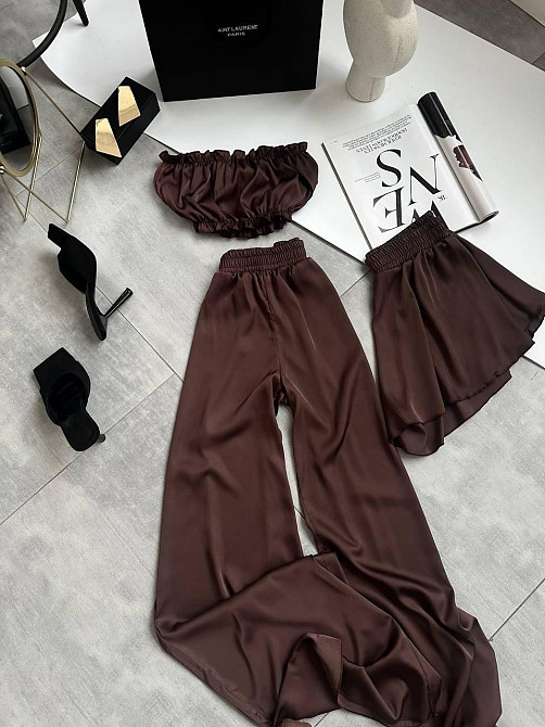 Женская пижама тройка: топ шорты и брюки из шелка армани Шоколад, 42/44 Одесса - изображение 5