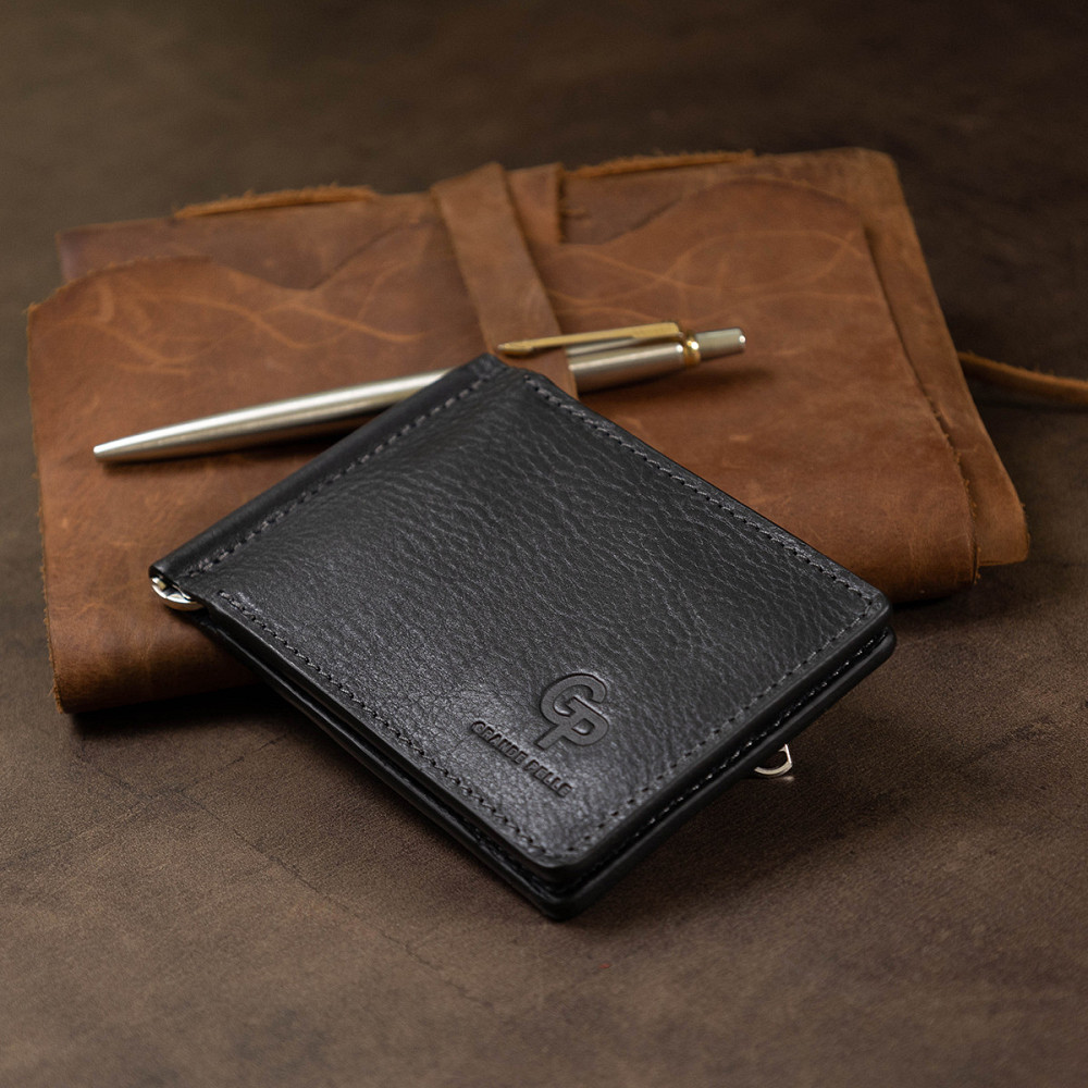 Мужской зажим для денег с монетницей GRANDE PELLE 11548 Черный Киев - изображение 1