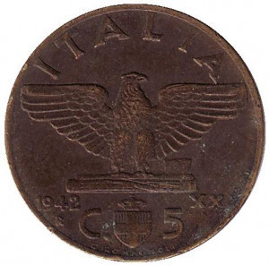 Орел. Віктор Еммануїл III. Монета 5 чентезимо. 1942 рік, Італія. Полтава - фото 1