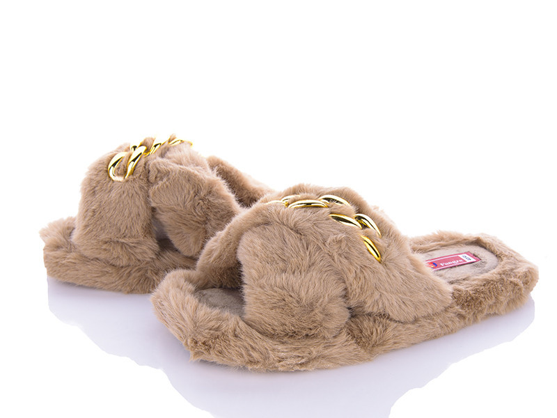 Женские тапочки домашние открытые меховые накрест с золотой цепью  Бежевый Одесса - изображение 2