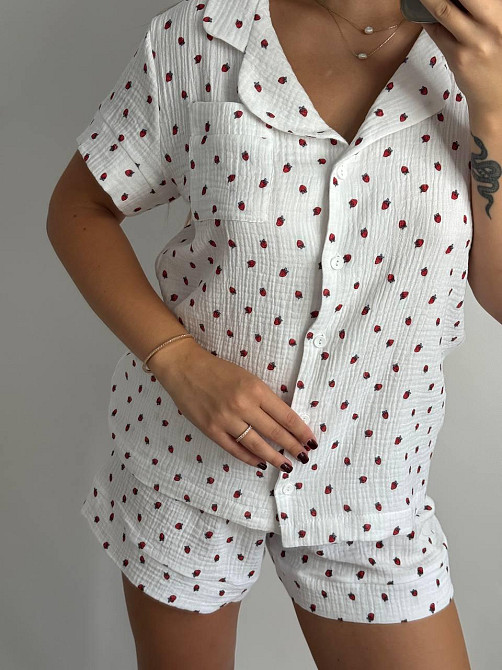 Пижама женская шорты и рубашка муслиновая Земляника L Харьков - изображение 1