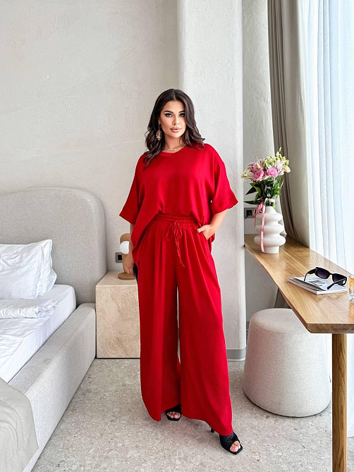 Жіночий легкий костюм оверсайз: футболка та штани жатий шовк Червоний, 3XL/7XL Одеса - фото 1