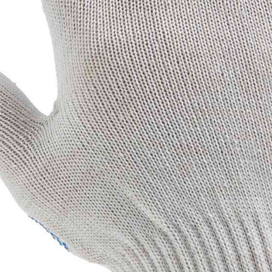 Рукавичка трикотажна, сині ПВХ крапки, 70% бавовна / 30% поліестер, 10", клас в’язки 10, біла, 52 г INTERTOOL SP-0130 Київ