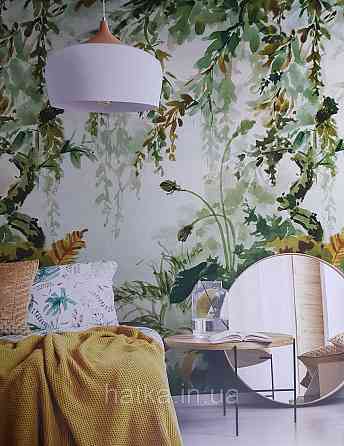 Обои виниловые Grandeco One roll one motif 1.59x2.8 панно ветки листья цветы акварель зеленые желтые Киев