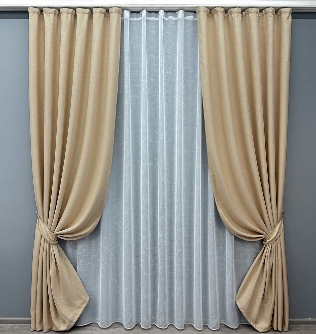 Комплект штор VR-Textil Лен Мешковина 150х270 2шт и Тюль 400х270 1162ш-115т Бежевый с белым 71-018/3 Киев - изображение 1