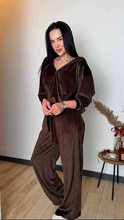 Жіночий стильний костюм-трійка: кофта топ і штани велюр плюш Шоколад, 42/44 Одеса