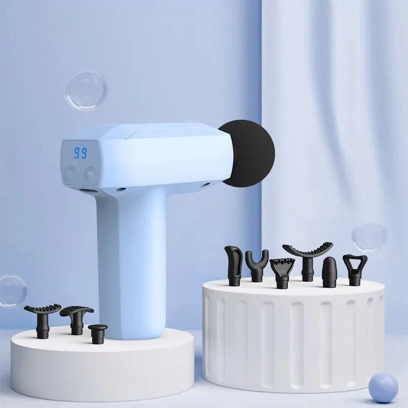 Перкуссионный массажный мини пистолет Fascial Gun YJ03 (8 насадок) Голубой Винница - изображение 2