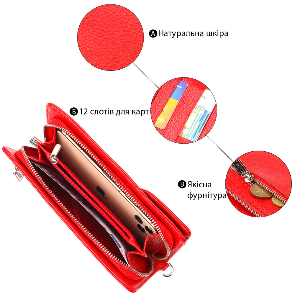 Вместительное женское портмоне клатч из натуральной кожи CANPELLINI 21535 Красное Киев - изображение 4