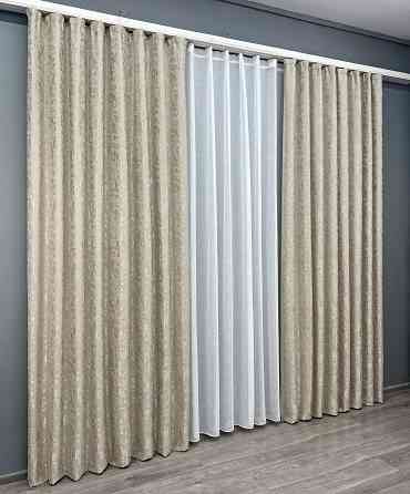 Комплект штор VR-Textil Льон Мармур 150х270 2шт і Тюль 600х270 1272ш-115т Теплий бежевий з білим 71-127/5 Київ
