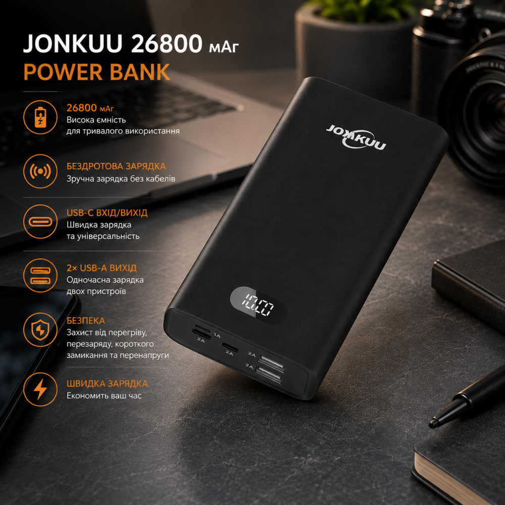 Power Bank Jonkuu 26800 мАч с беспроводной зарядкой, USB-C, USB-A, Li-Pol, для смартфона и планшета, Black Киев - изображение 1
