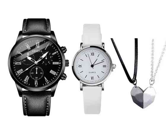 Подарочный набор для мужчин и женщин 2 парные часы с 2 ожерельем серце диам 4см длин 24см шир 2см черно-белый Киев