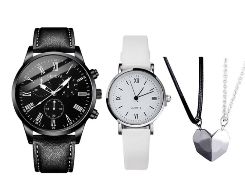 Подарочный набор для мужчин и женщин 2 парные часы с 2 ожерельем серце диам 4см длин 24см шир 2см черно-белый Киев - изображение 3