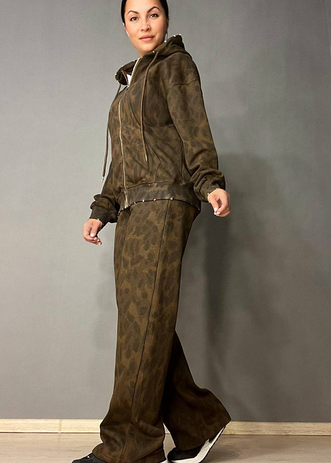 Костюм женский A-N 2749 леопардовый принт худи на молнии с капюшоном и брюки палаццо коричневый, коричневый, XL Киев - изображение 9