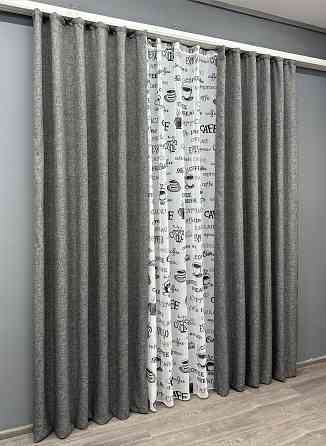 Комплект штор VR-Textil Льон Мішковина 150х270 2шт і Тюль 600х270 108ш-1791т Сірий з білим 71-061/5 Київ