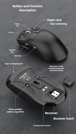 Миша бездротова K-SNAKE X11 Black RGB Dock, 12000 DPI, PixArt PAW3311, 63 г, Bluetooth/2.4GHz/USB-C Київ