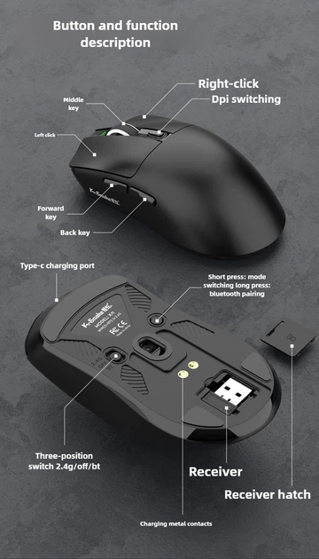 Миша бездротова K-SNAKE X11 Black RGB Dock, 12000 DPI, PixArt PAW3311, 63 г, Bluetooth/2.4GHz/USB-C Київ - фото 4