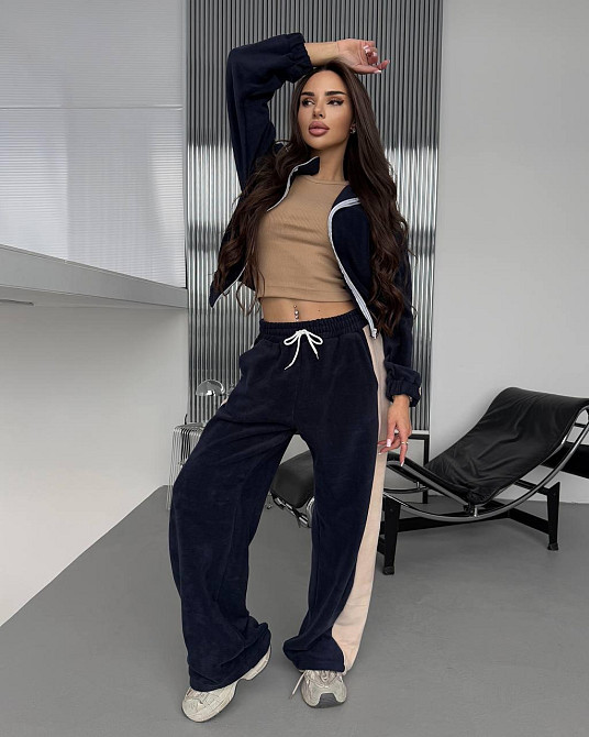 Жіночий теплий повсякденний костюм із лампасами, двобічний фліс Синій Одеса - фото 5