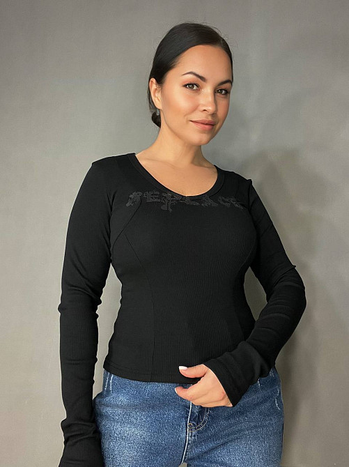 Лонгслів жіночий A-N 25079 рубчик реглан v-виріз з написом принт корсетні шви one size, чорний, one size Київ - фото 12