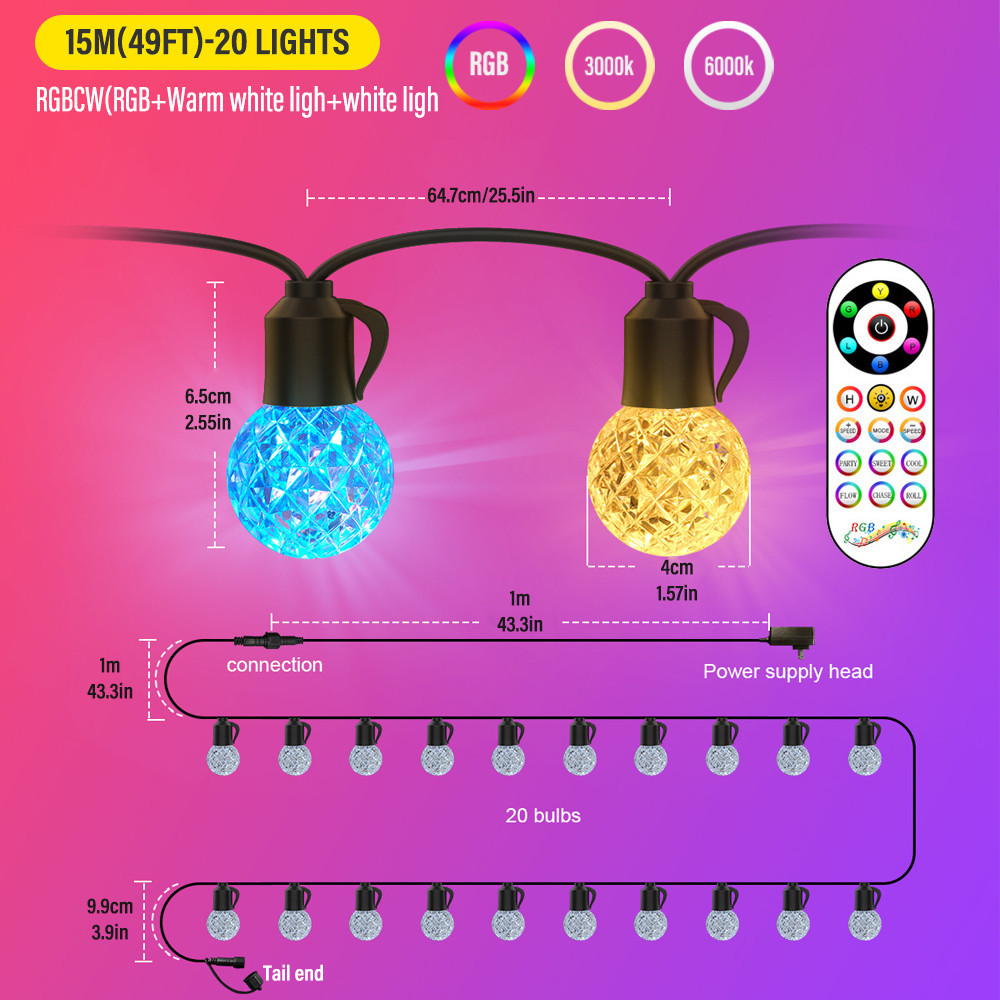 Уличная LED гирлянда G40 RGB (7.5 м) — Водонепроницаемые уличные огни для патио, террасы и сада с пультом ДУ Киев - изображение 3