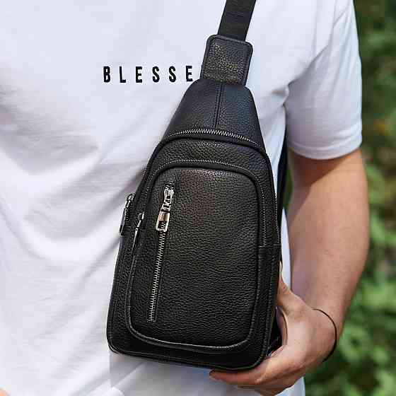Сумка-слинг мужская черная через плече из натуральной кожи TIDING BAG 32545 Каменское