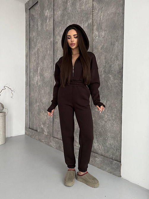 Жіночий теплий повсякденний комбінезон із капюшоном тринитка на флісі Шоколад, 48/50 Одеса - фото 1