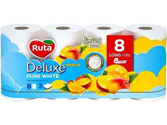 Туалетний папір 8шт 3шари Pure White Deluxe Білий Манго ТМ RUTA Київ