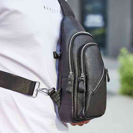 Мужской слинг сумка через плечо кожаная черная Tiding Bag 33737 Каменское