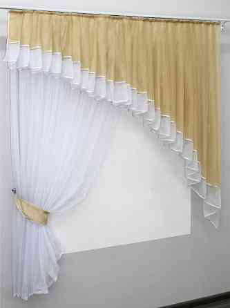 Кухонний комплект VR-Textil № 062к шторка з ламбрекеном темно-бежевий з білим 150х170 см (50-795) Київ