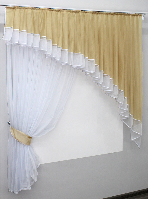 Кухонний комплект VR-Textil № 062к шторка з ламбрекеном темно-бежевий з білим 150х170 см (50-795) Київ - фото 2