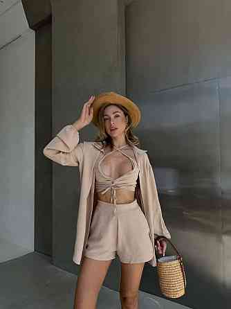 Жіночий літній костюм-трійка: сорочка топ і шорти креп жатка Бежевий, 44/46 Одеса