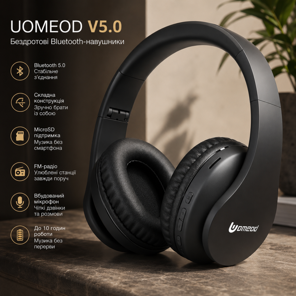 Бездротові Bluetooth-навушники Uomeod V5.0 складні, дротова стереогарнітура з мікрофоном, FM та MicroSD, чорні Київ - фото 8