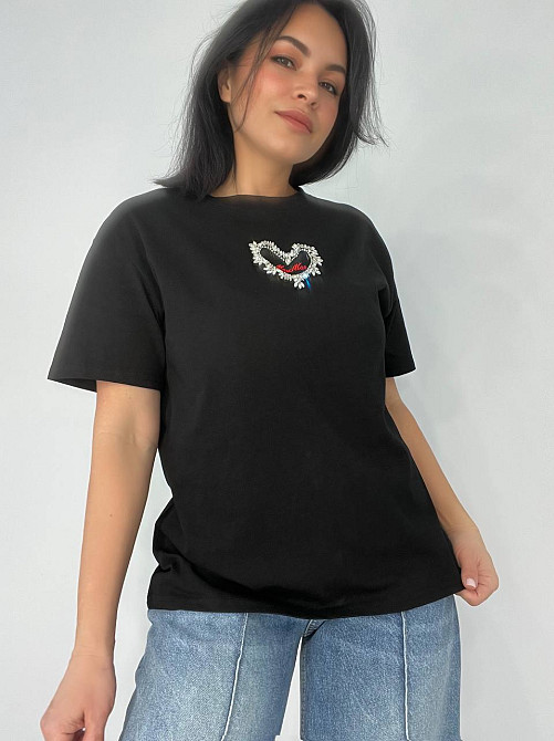 Футболка женская Anni 046 оверсайз базовая однотонная с вышивкой сердце в камнях one size, черный, one size Киев - изображение 13
