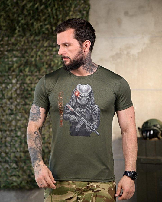 Тактическая мужская потоотводящая футболка картинка принт хищник олива Одесса - изображение 2