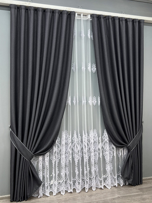 Комплект штор VR-Textil Льон Мішковина 150х270 2шт і Тюль 500х270 1161ш-1571т Графітовий з білим 71-189/4 Київ - фото 2