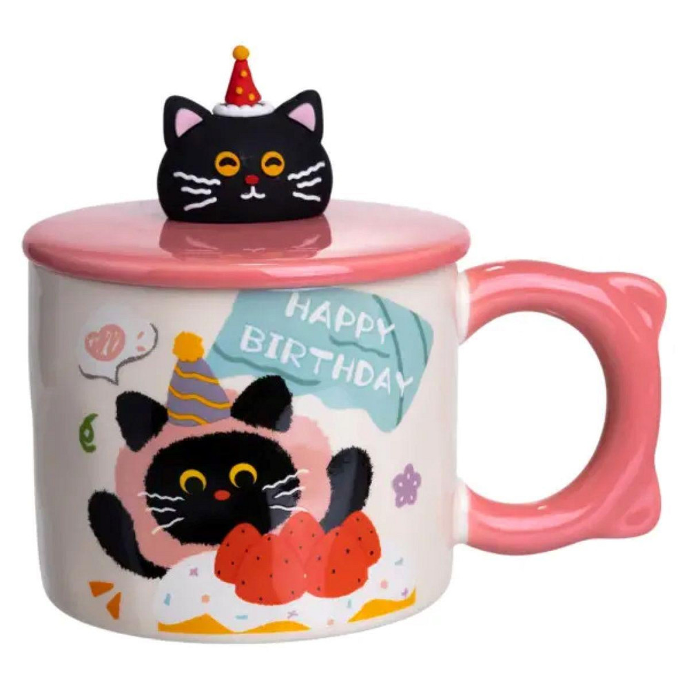 Кубок порцелянова з кришкою Kitten's Birthday 400 (мл) подарункова кружка прикольна чашка для дітей на подарунок Рожевий FM-24C Київ - фото 5