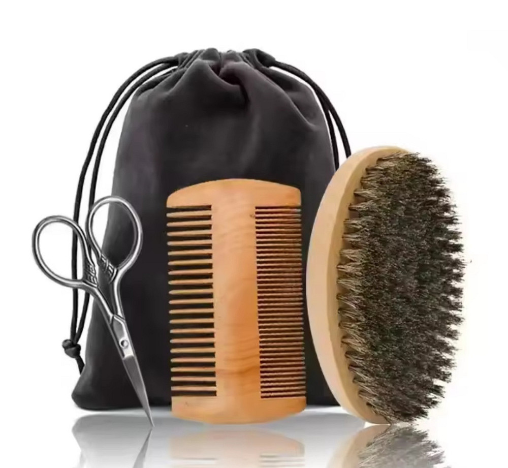 Набір для бороди та вусами щітка гребінець і маленькі ножиці в подарунковому мішечку для зберігання коричневий Київ - фото 1