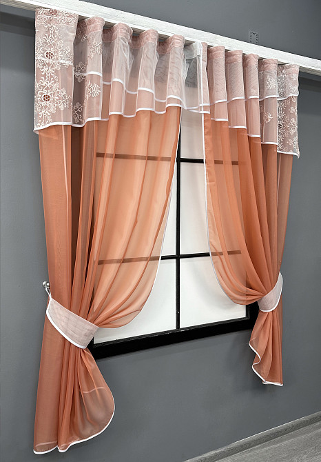 Кухонні штори VR-Textil № 091к з ламбрекеном і підв'язками теракотовий з молочним 280х170 см (52-1190) Київ - фото 2