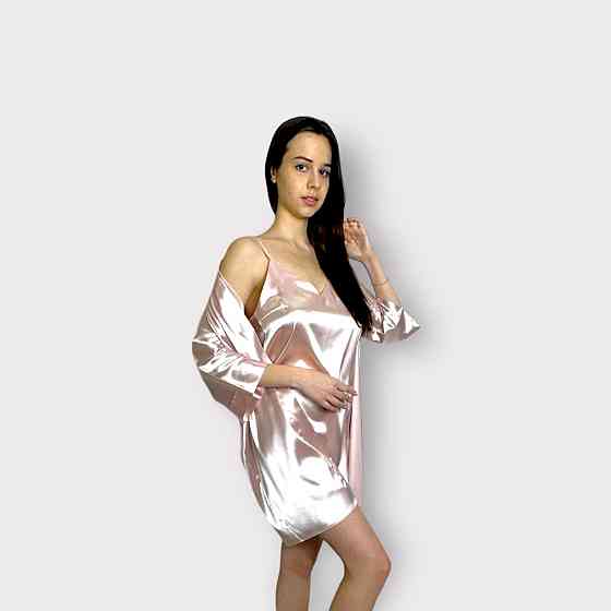 Атласна нічна сорочка з халатом Пудровий XL Харків