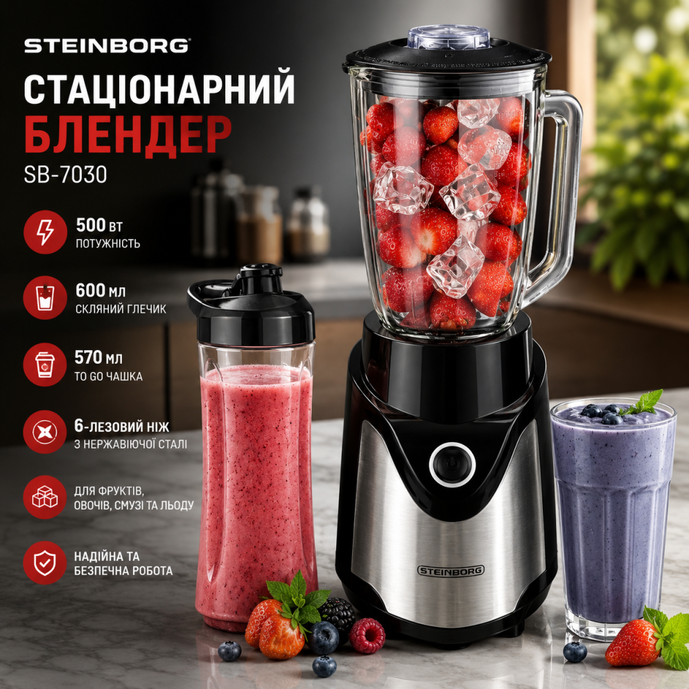 Блендер стационарный STEINBORG SB-7030 500 Вт, стеклянный кувшин 600 мл + To Go чашка 570 мл, 6-лезвий нож Киев - изображение 10