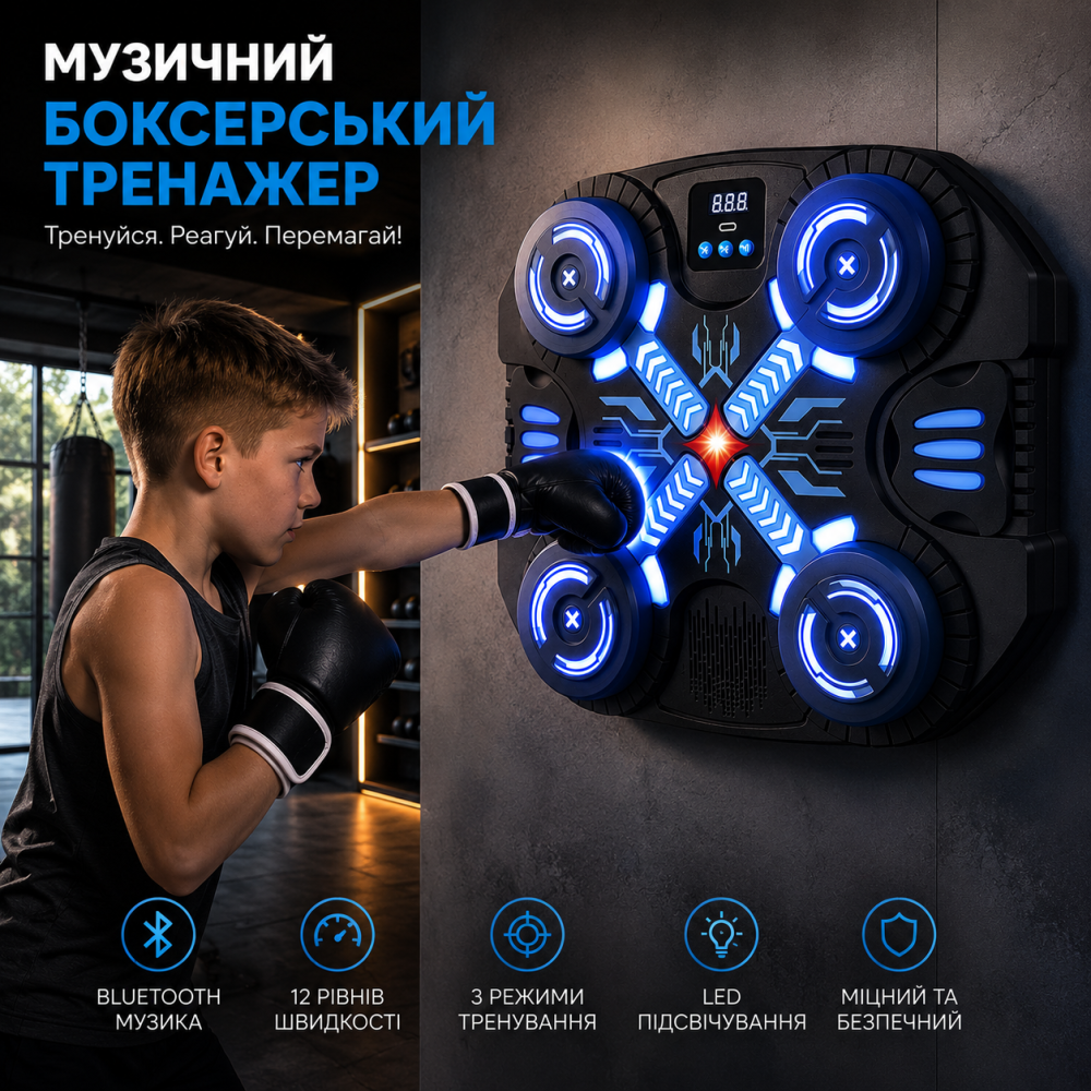 Музичний боксерський тренажер Reaction Boxing з Bluetooth, LED-підсвічуванням, 12 швидкостей, 3 режими, настінний Київ - фото 8
