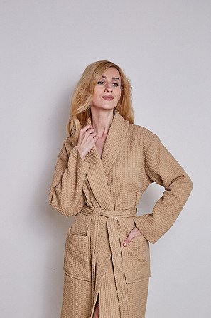 Халат вафельний Ideal Textile довгий бежевий (56860639) Чернівці - фото 4