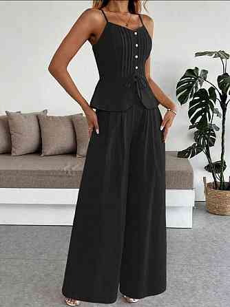 Женский летний брючный костюм двойка: топ и брюки лён Черный, 42/44 Одесса