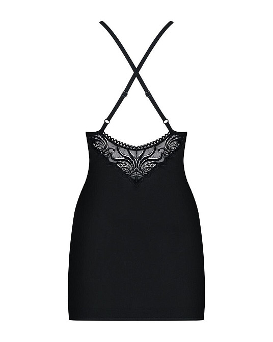 Сатиновый комплект для сна с кружевом Obsessive 828-CHE-1 chemise & thong L/XL, черный, Сорочка Sex Aura Киев - изображение 6