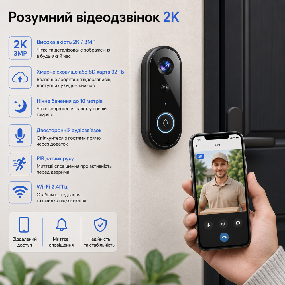 Уцінка! Розумний Wi-Fi відеодзвінок EUDIC 2K 3MP, PIR-датчик руху, нічне бачення, двосторонній зв'язок, IP66, без пульта Київ - фото 10