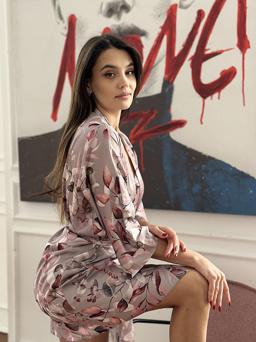 Халат жіночий шовковий під пояс Квітковий принт Бежевий M\L Харків - фото 5