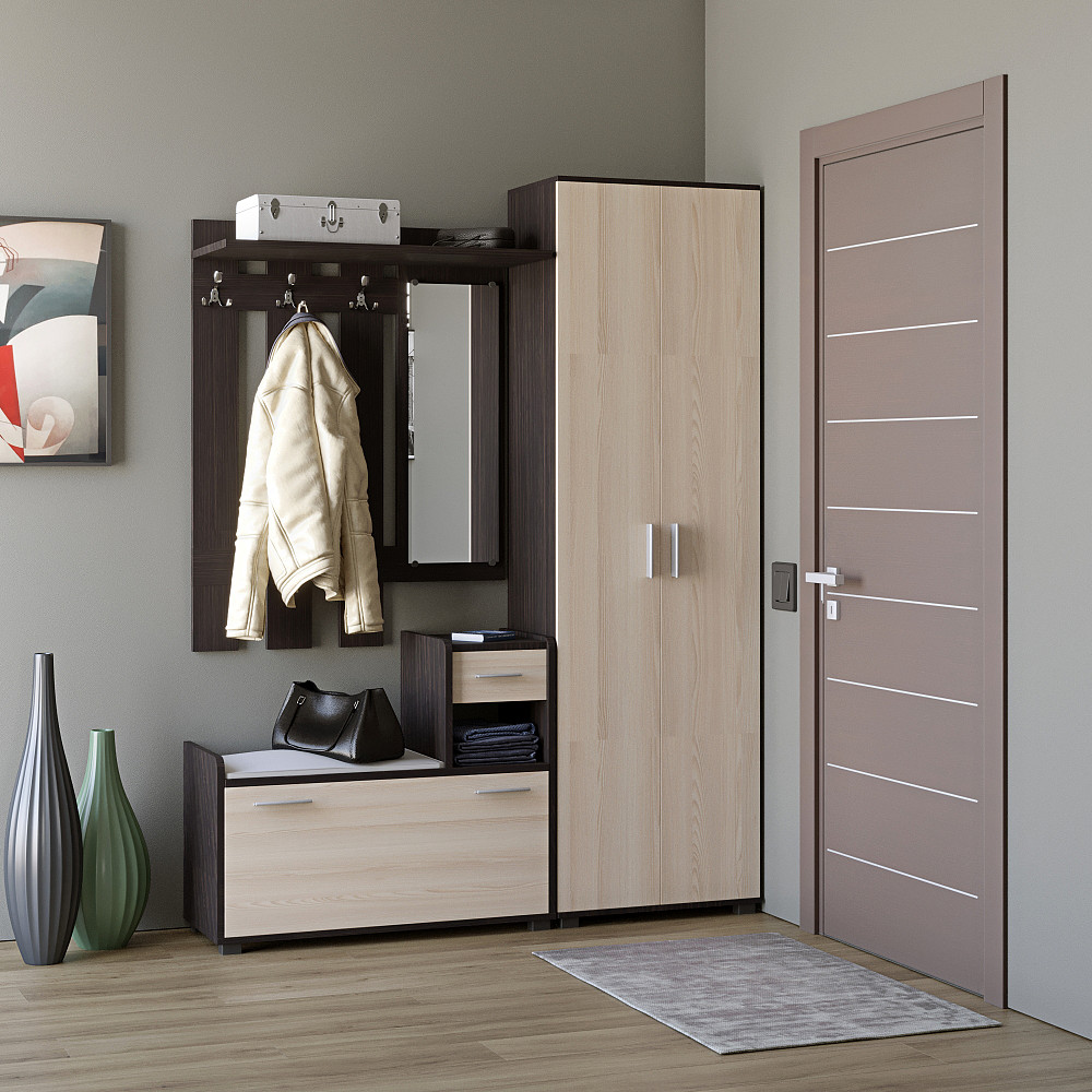 Прихожая Эверест Тандем с распашным шкафом ШП-1 и тумбой (правая) венге темный+дуб молочный (DTM-2458) Львов - изображение 1