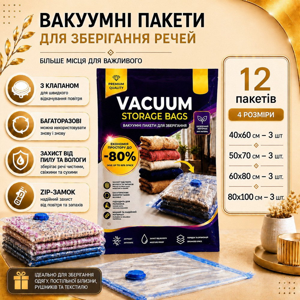 Вакуумные пакеты 12 шт для универсального хранения одежды и вещей, зимней одежды,больших одеял, подушек и постельного белья Каменец-Подольский - изображение 3