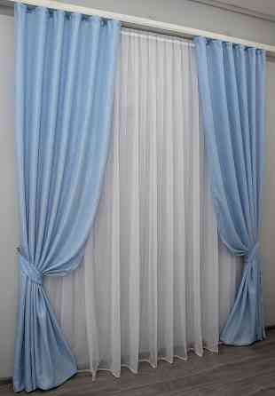 Комплект готових штор VR-Textil Льон Мішковина № 1055ш Блакитний 100х285 см 2 шт (31-497) Київ