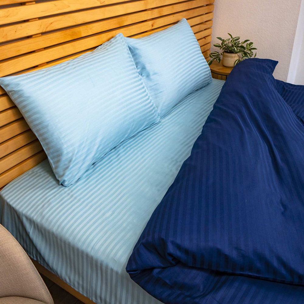 Постільна страйп сатин комплект двоспальний 125 г/м2 YouStar (Синій з Блакитним) 2 х 50х70 Суми - фото 5