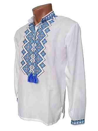 Чоловіча сорочка-вишиванка в святковому стилі з синім орнаментом Київ